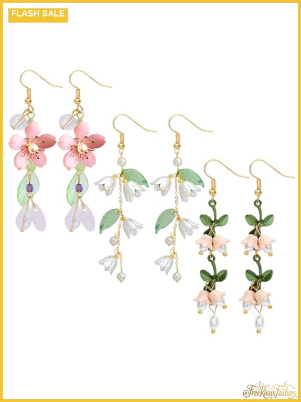 3 Pairs Flower Dangle Earrings Hypoallergenic 316L Stainless Steel Acrylic